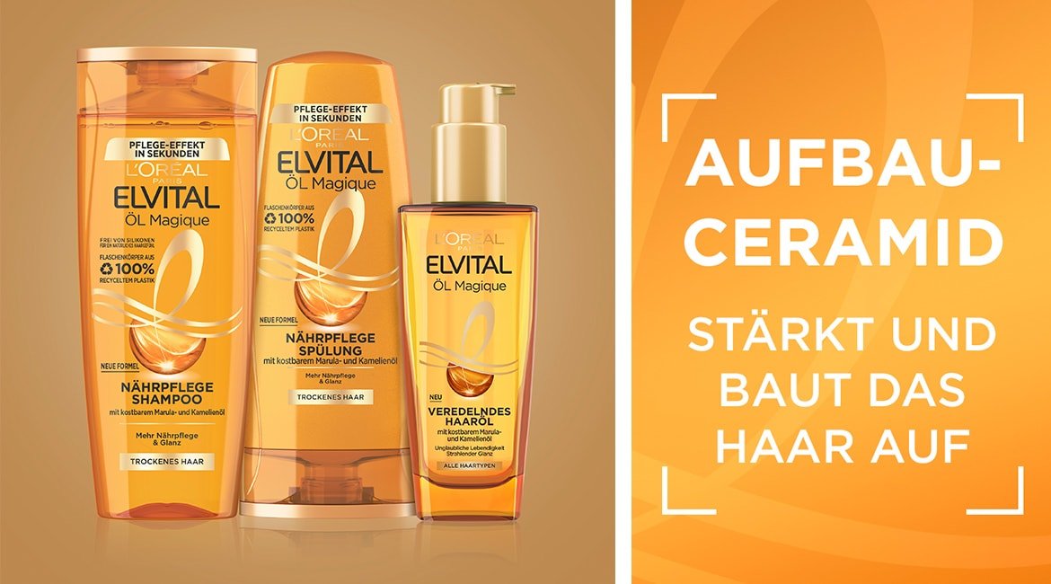 Drei Produkte aus der Elvital ÖL Magique Haarpflegereihe mit Produktvorteil Aufbau-Ceramid